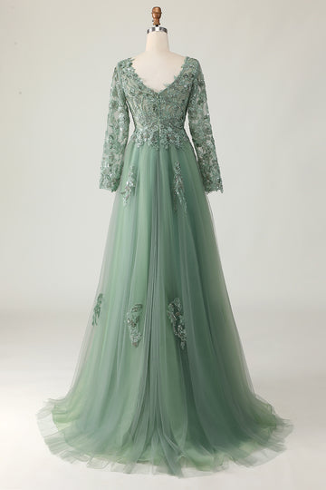 Sage V-Neck A-Line Appliqued Long Sleeves Prom Dress